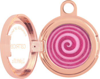 Balsam do ust Catrice Hollyglazing Jingle Balm, otwarty, różowo-złoty kompakt z błyszczącym różowym wirem, widok z góry.