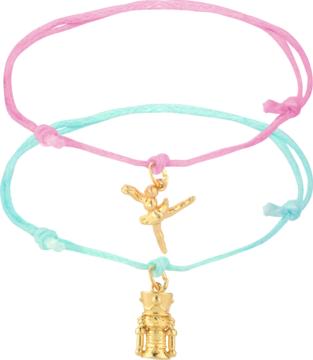 Zestaw Essence Nuts About You: dwie regulowane bransoletki, różowa z dziadkiem do orzechów, miętowa z baletnicą.