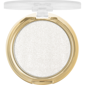 Otwarty złoty kompakt z prasowanym, srebrnym rozświetlaczem essence Sugar Plum Fairy's Dust do twarzy i ciała. Widok od góry.