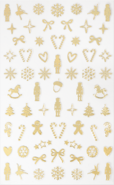 Złote, błyszczące naklejki na paznokcie Essence Nuts About You z motywami świątecznymi na białym tle.