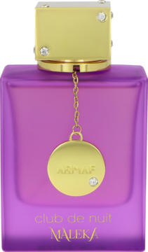 Armaf Club De Nuit Maleka Eau de Parfum w purpurowej butelce ze złotą zakrętką i zawieszką, widok z przodu.