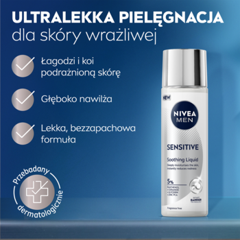 NIVEA MEN Sensitive esencja łagodząca, srebrna butelka 100 ml. Ultralekka pielęgnacja dla skóry wrażliwej.