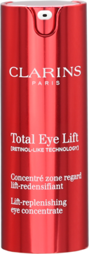 Clarins Total Eye Lift eye concentrate w czerwonej butelce z pompką, widok z przodu, z tekstem 'Retinol-Like Technology'.