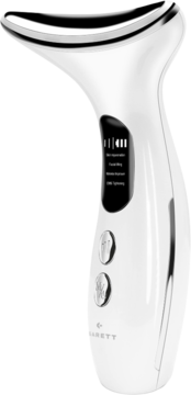 Biały soniczny masażer Garett Beauty Lift Skin Pro do twarzy i szyi, z ekranem i przyciskami, ujęcie z boku.