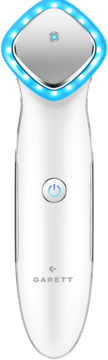 Białe urządzenie Garett Beauty Serum Skin do mezoterapii bezigłowej, z niebieskimi LEDami i srebrną głowicą, widok z przodu.