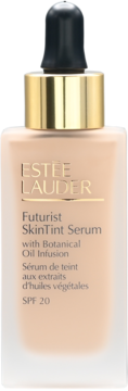 Estee Lauder Futurist SkinTint Serum SPF 20, light beige liquid in frosted glass bottle with gold collar and dropper.