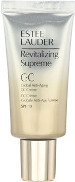 Złoto-srebrna tubka Estée Lauder Revitalizing Supreme CC Creme SPF 10 Global Anti-Aging, widok z przodu.