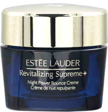 Estée Lauder Revitalizing Supreme+ Night Power Bounce Creme w ciemnoniebieskim słoiczku ze złotą nakrętką, widok z przodu.