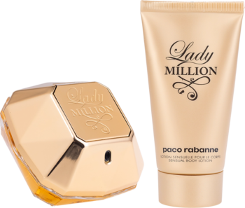 Zestaw Paco Rabanne Lady Million: złota butelka perfum w kształcie diamentu i tuba balsamu do ciała, czarne tło.