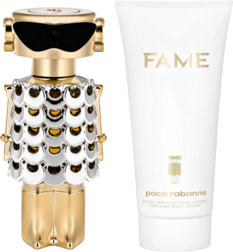 Paco Rabanne Fame zestaw: złoto-srebrna, robot-kształtna butelka perfum i biała tubka balsamu do ciała Fame.
