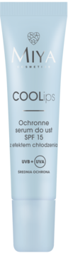 Miya COOLips ochronne serum do ust SPF 15 z efektem chłodzenia w jasnoniebieskiej tubce, widok z przodu.