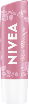 NIVEA Rose Meringue, różowa pielęgnująca pomadka do ust z wzorem róż, widok z przodu. Limitowana edycja.