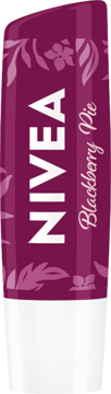 NIVEA Blackberry Pie pielęgnująca pomadka do ust. Fioletowy sztyft z białymi napisami i subtelnym kwiatowym wzorem, pełny widok.