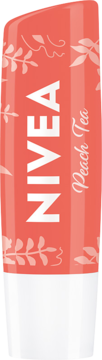 NIVEA Peach Tea, pielęgnująca pomadka do ust, brzoskwiniowy sztyft z białym logo, kwiatowe wzory, widok pionowy.