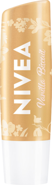 Złota pomadka NIVEA Vanilla Biscuit z białym napisem i kwiatowymi wzorami, widok z przodu. Limitowana edycja.