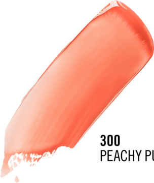 Ukośny rozmazany pasek żelowego tintu Rimmel Jelly Crush Peachy Punch, koralowy, błyszczący, na czarnym tle.