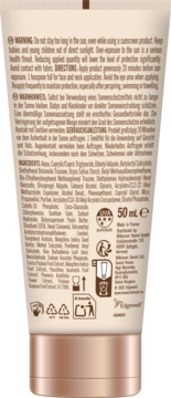 Tył kremu do twarzy Hawaiian Tropic SPF 50, z listą składników i ostrzeżeniami, tubka beżowo-miedziana.