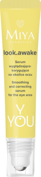 MIYA Y.YOU look.awake serum pod oczy korygujące, żółta tubka z białym napisem, widok z przodu, otwarty aplikator.