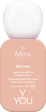MIYA Y.YOU blur.me lekki krem SPF 50 z efektem blur, brzoskwiniowa butelka z białą nakrętką, widok z przodu.