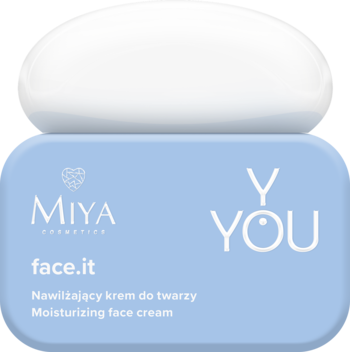 MIYA Y.YOU face.it Nawilżający krem do twarzy, błękitny słoik z białym wieczkiem, widok z góry.