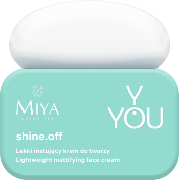 MIYA Y.YOU shine.off, matujący krem do twarzy 50ml, w miętowym słoiczku z białą nakrętką, widok z przodu.