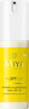 Żółte opakowanie kremu Miya mySPFLight SPF 50 wygładzającego, z białym aplikatorem, widok z przodu.