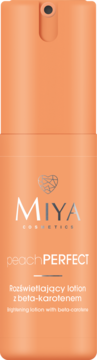 Miya PeachPERFECT, rozświetlający lotion z beta-karotenem, w matowej, brzoskwiniowej butelce z pompką, front.