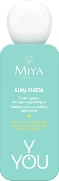 Miya stay.matte tonik-mgiełka matująca 100ml. Jasnoturkusowa butelka z białym korkiem, widok z przodu.