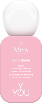 MIYA Y.YOU calm.down serum, różowa butelka z białą zakrętką, napis Balancing and soothing serum for redness.