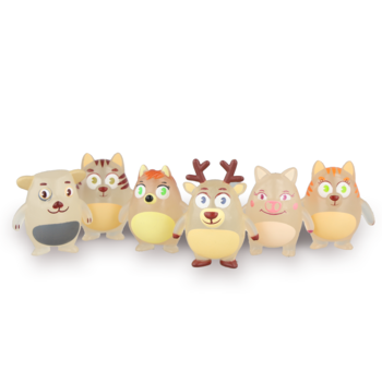 Sześć brązowo-beżowych, kreskówkowych figurek zwierząt Czyściochowo, świecących w ciemności, na białym tle.