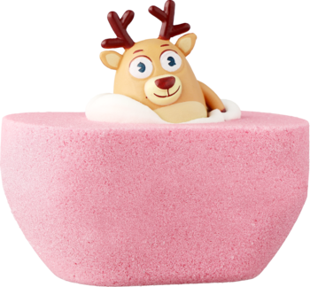 Plum! Czyściochowo musująca kula do kąpieli, różowa, z zabawnym reniferem wyłaniającym się z piany, widok z przodu.