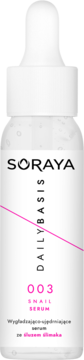 Soraya DailyBasis 003 Snail Serum, wygładzająco-ujędrniające, biała butelka z pipetą, widok z przodu.