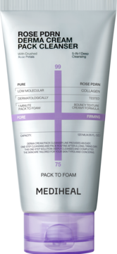 MEDIHEAL Rose PDRN Derma Cream Pack Cleanser, szara tuba z fioletową nakrętką, z różanymi płatkami, widok z przodu.