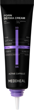 Czarna tubka MEDIHEAL PDRN Derma Cream, ujędrniający i zwężający pory krem do twarzy, fioletowe detale.