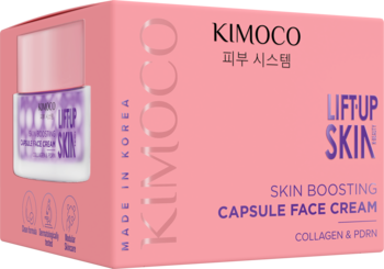 Różowe pudełko kremu KIMOCO Lift Up Skin z kolagenem i PORN. Widoczne logo, fioletowy słoiczek w środku.