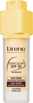 Lirene Dewy Glow SPF 50 baza-serum w beżowo-białej butelce z żółtym dozownikiem, widok z przodu.