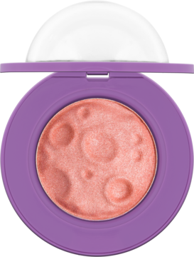 Fioletowy rozświetlający róż do policzków, brzoskwiniowy, z kosmiczną teksturą i glow, otwarte opakowanie.