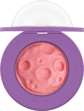 Otwarty, fioletowy rozświetlający róż do policzków z różowym pudrem o teksturze księżyca, bouncy formuła.