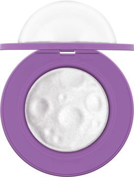 Kremowy rozświetlacz Wibo Meteor Shower Cosmic Chaos, fioletowy kompakt, wkład z teksturą księżyca, widok z góry.