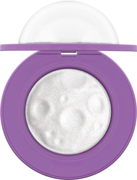 Widok z góry na fioletowy rozświetlacz do twarzy i ciała. Bouncy formuła z księżycową teksturą i iskrzącymi drobinkami.