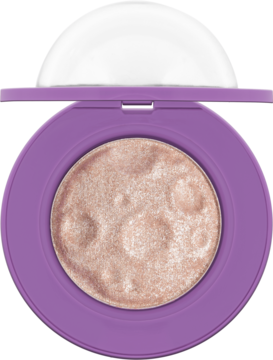 Wibo Meteor Shower Rozświetlacz Intergalactic Glow w otwartej fioletowej puderniczce. Widoczny beżowy, iskrzący produkt z teksturą księżyca.