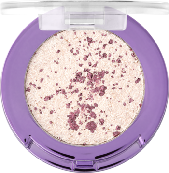 Intensywnie połyskujący topper do powiek. Fioletowy kompakt, perłowa baza z różowymi drobinkami, widok z góry.