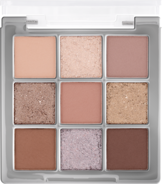 Otwarta paleta 9 cieni do powiek, nude brązy, beże, maty i foliowe błyski do makijażu dziennego i wieczorowego.