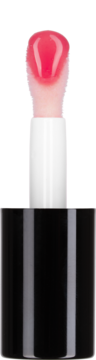 Aplikator nawilżającego olejku do ust z różowym, błyszczącym płynem na końcówce. Biały patyczek, czarna nakrętka.