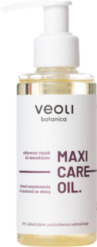 Veoli Botanica Maxi Care Oil, odżywczy olejek do demakijażu, przezroczysta butelka z białą pompką, widok pod kątem.
