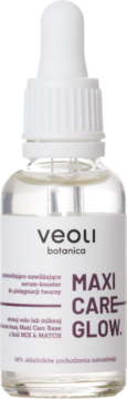 Veoli Botanica Maxi Care Glow serum-booster rozświetlające. Przezroczysta butelka z białą pipetą, widok z przodu.