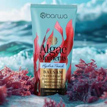 Barwa Algae Moments Hydra Touch balsam nawilżający w turkusowej tubce z czerwoną algą na tle morza.
