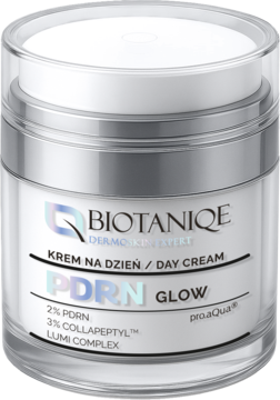 BIOTANIQE PDRN GLOW krem na dzień w białym słoiczku z srebrnym paskiem, widok z przodu, opis 2% PDRN.