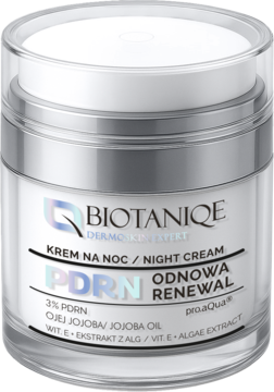 Biały słoiczek BIOTANIQE PDRN Renewal Night Cream 3% PDRN, Jojoba, Algi. Widok z przodu pod kątem.