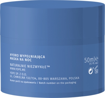 Niebieski słoik z maską HYDRO WYPEŁNIAJĄCĄ MASKA NA NOC 50ml, widok z boku.